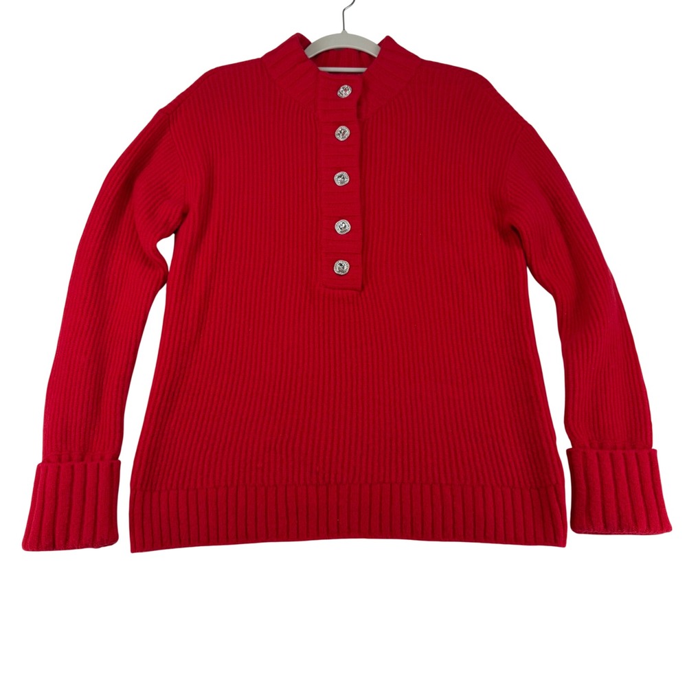 Talbots Jewel Henley Red Ribbed Mock Neck Sweater Wool Cotton Womens Small